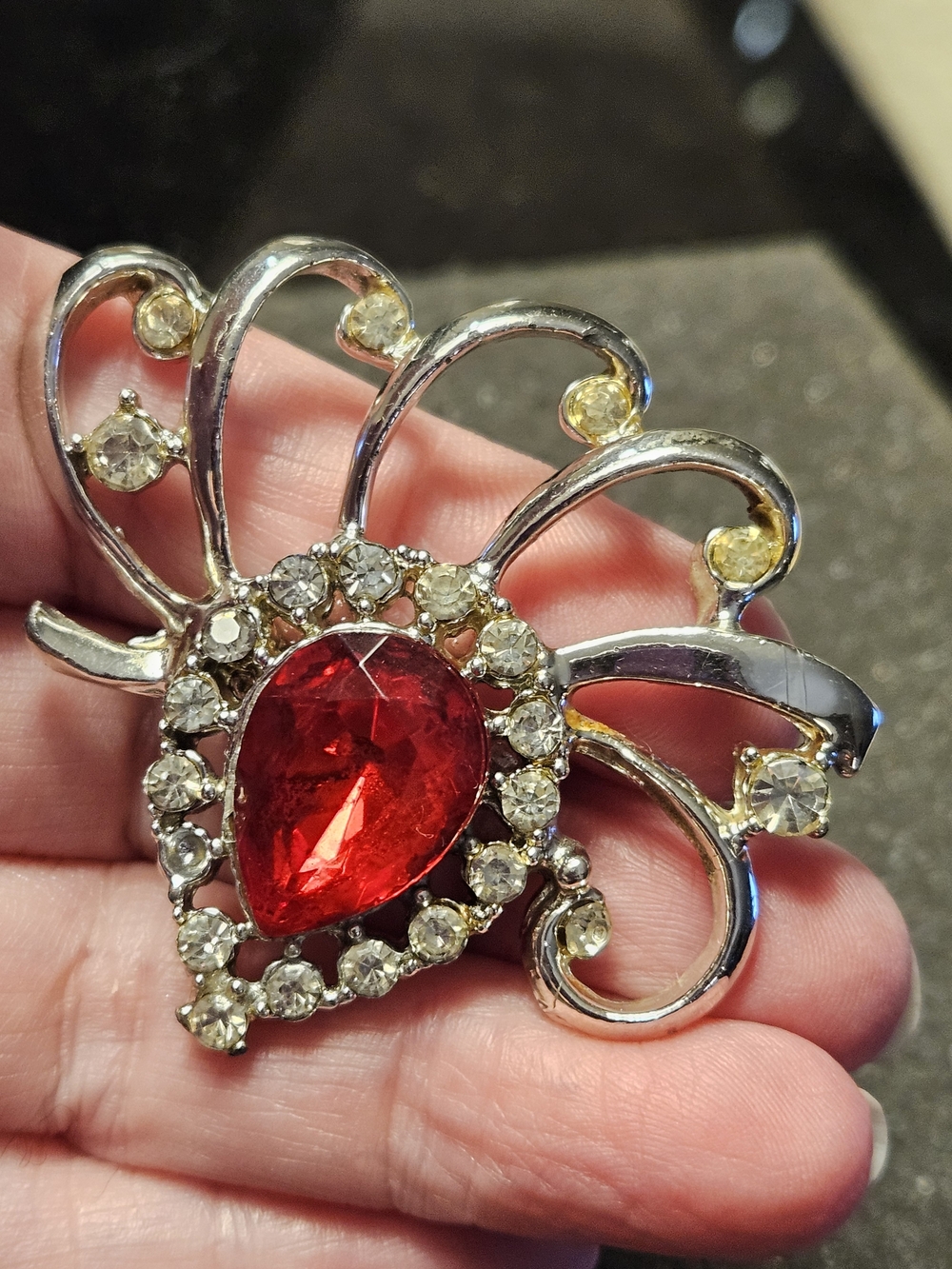 Vintage Red Teardrop Crystal Brooch with Clear Rhinestones - Silver Tone